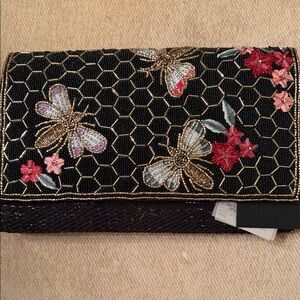 Black and Gold Embellished Clutch with Floral Accents